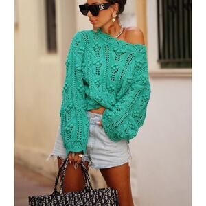 Zara Green Pom Pom Knit Slouchy Sweater Womens Medium Blogger Favorite